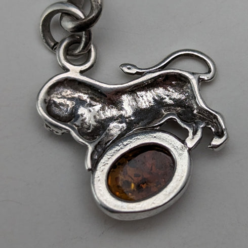 Circa 1910 British Antique Sterling Silver Albert Chain 34g Lion Fob with Amber